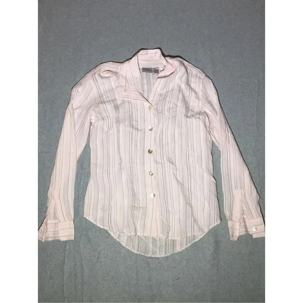 Womens Chico’s Button Up Shirt Size 1 Pink Striped Lightweight Over Shirt Basic